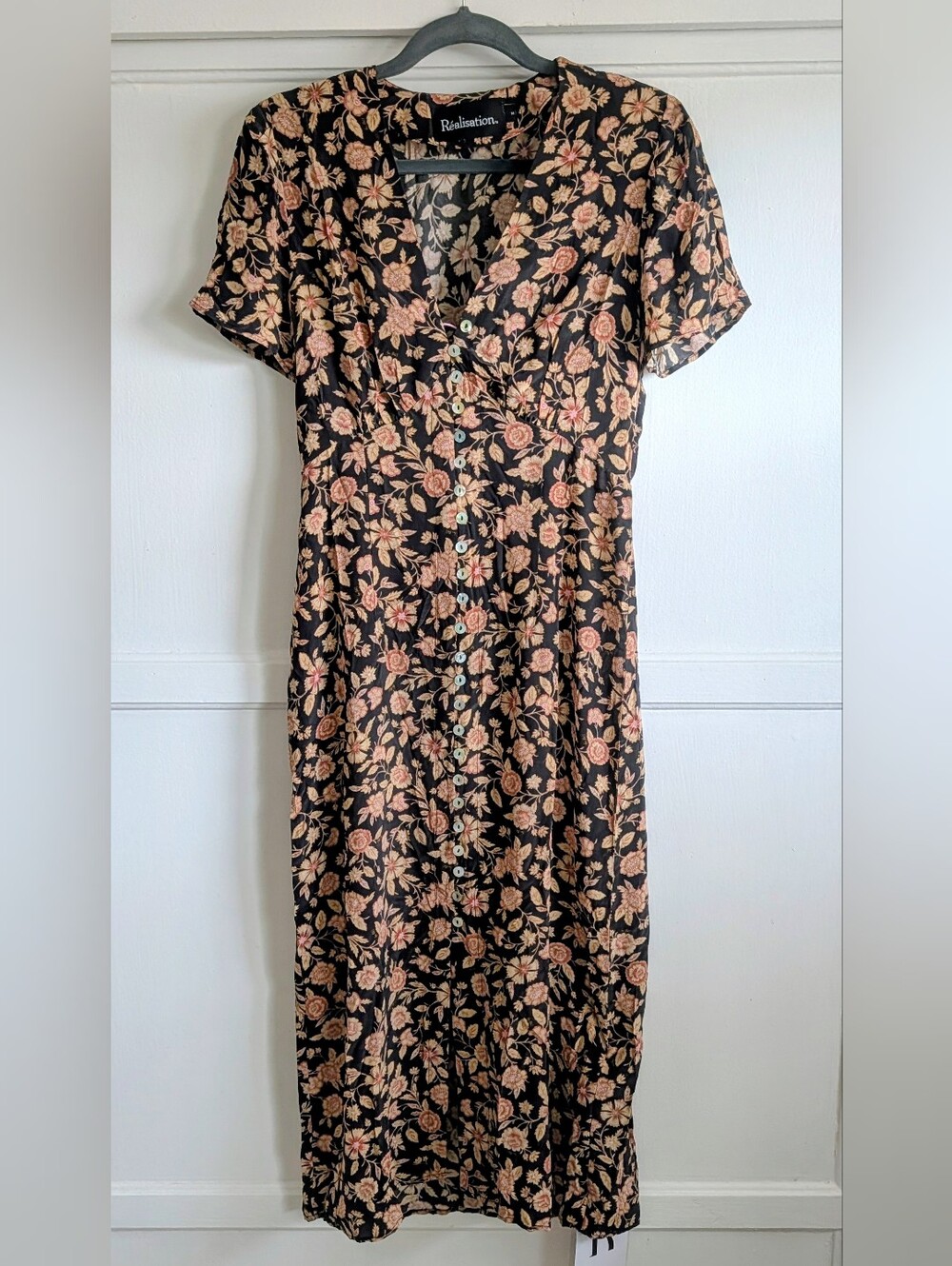 Reformation Black Floral Button-Front Midi Dress with Peach Roses